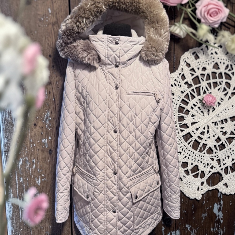 Calvin Klein Light Pink Quilted Ski Jacket with Faux Fur Hood